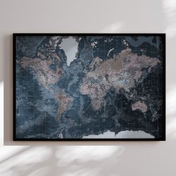 Indrammet Verdenskort - Modern Blue - Sort ramme