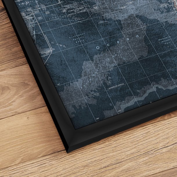 Indrammet Verdenskort - Modern Blue - Sort ramme
