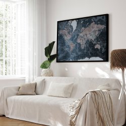 Indrammet Verdenskort - Modern Blue - Sort ramme