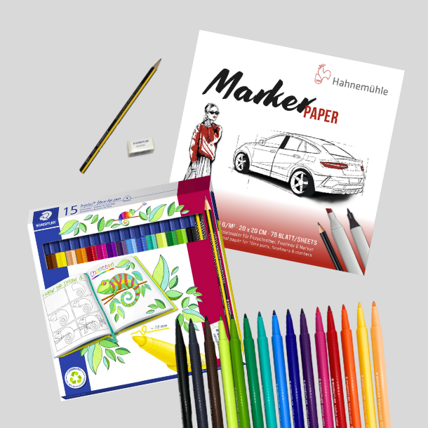 Tegnepakke m. Staedtler Triplus Pen St - 17 Dele og Layoutblok til Tuscher