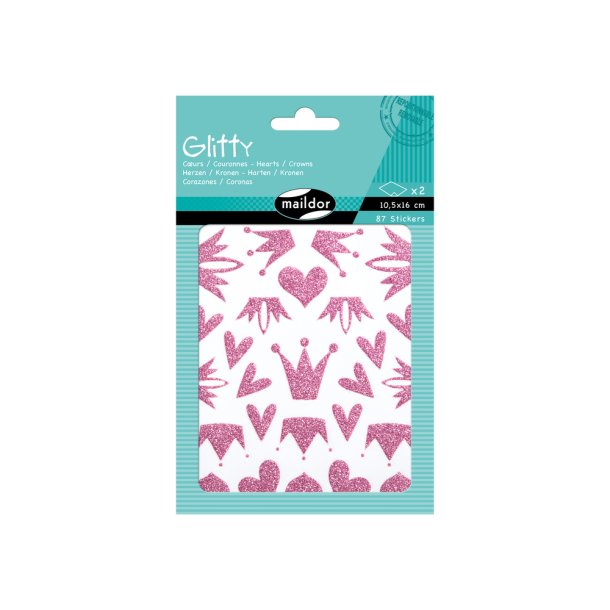 Glitter Klistermrker - Hjerter &amp; Kroner, Pink
