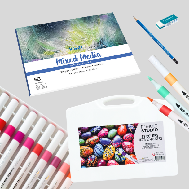 Roholt Studio, 48-stk. Akryl Markers + A4 Mixed Media Blok