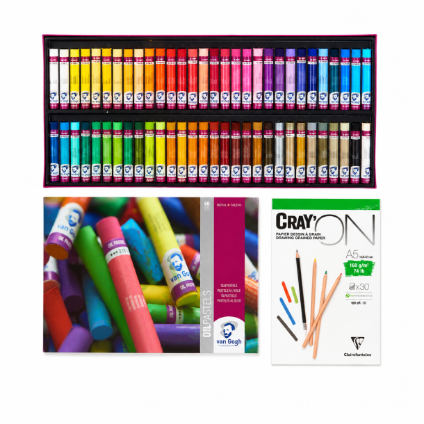 Van Gogh Oliepastel 60-pak + A5 CrayOn Tegneblok, 160g - 30 Ark