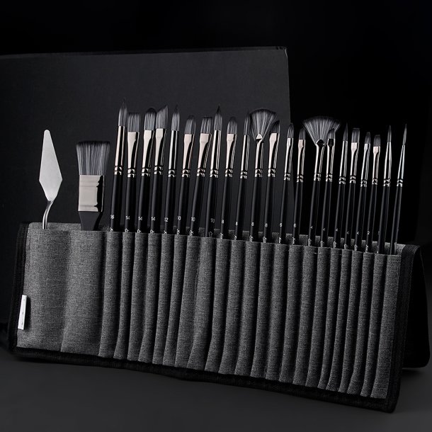 Pensels�t i foldeetui m. Sort Skaft - 25-dele