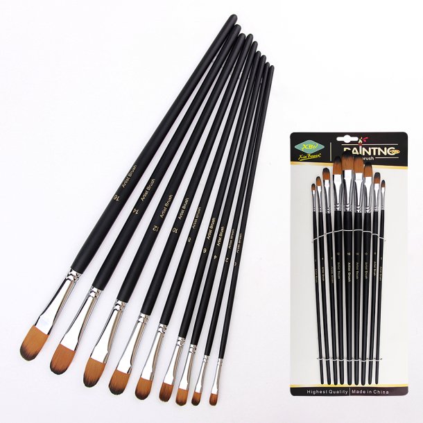 Artist Brush Langskaftet Penselst 9-Pak - Sort, Oval