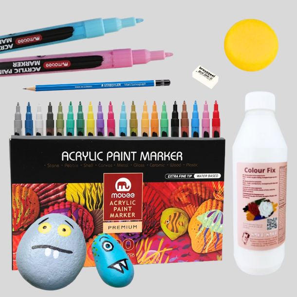 Mobee Stenmalingspakke - Akryltusch 20-Pak Extra fine tip + Lak