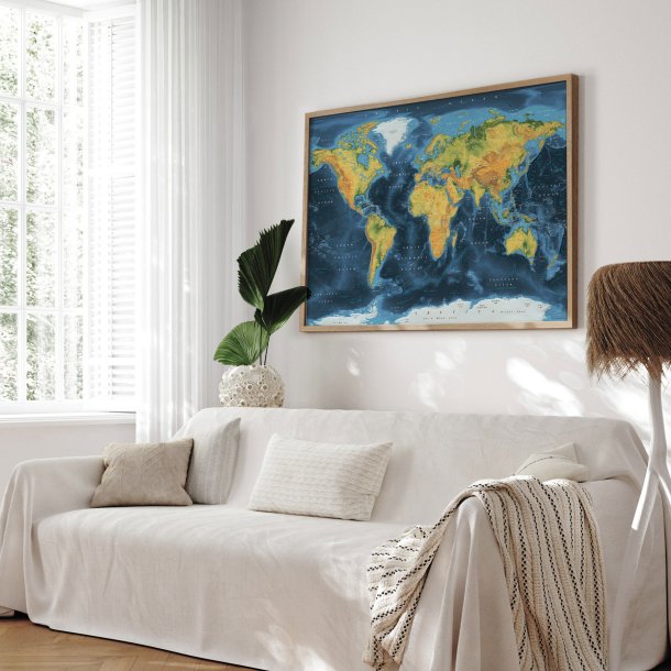 Verdenskort Indrammet - Cobalt - Egetrsramme