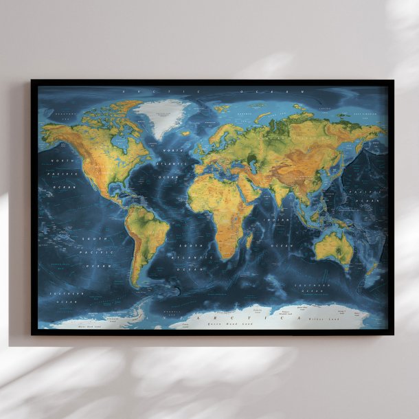 Verdenskort Indrammet  - Cobalt - Sort ramme