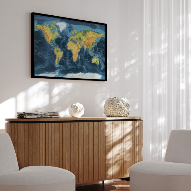 Verdenskort Indrammet  - Cobalt - Sort ramme