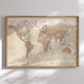 Indrammet Verdenskort - Sand - Egetrsramme
