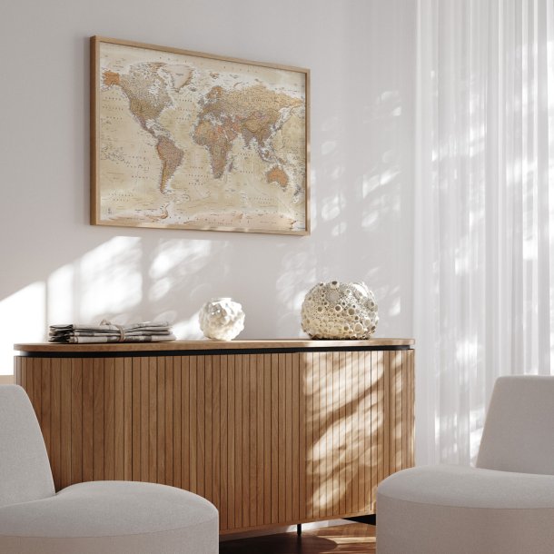 Indrammet Verdenskort - Sand - Egetrsramme