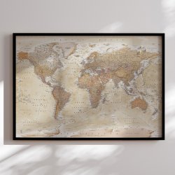 Opslagstavle Verdenskort - Sand - Sort ramme