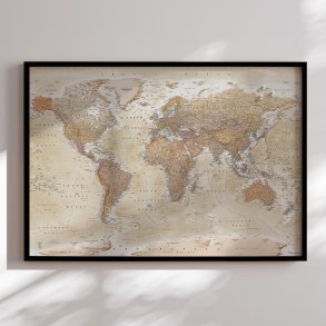 Opslagstavle Verdenskort - Sand - Sort ramme