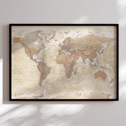 Indrammet Verdenskort - Sand - Sort ramme