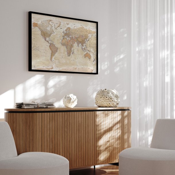 Indrammet Verdenskort - Sand - Sort ramme