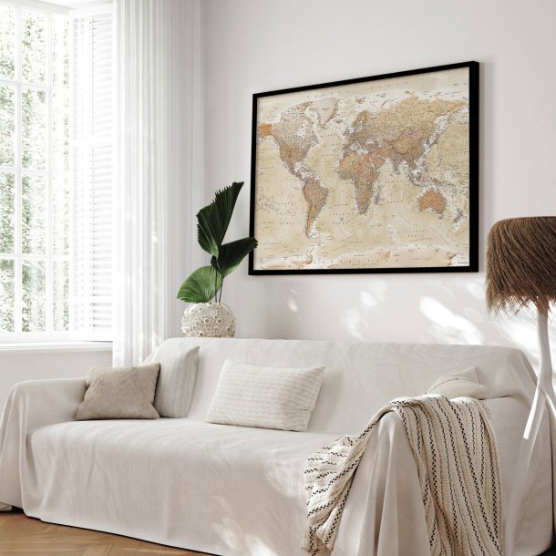 Indrammet Verdenskort - Sand - Sort ramme