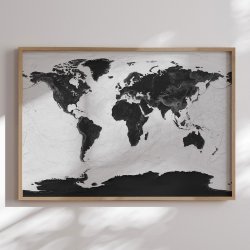 Indrammet Verdenskort- Grey Current - Egetrsramme