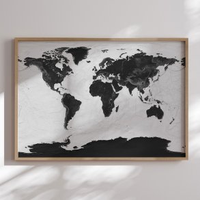 Indrammet Verdenskort- Grey Current - Egetrsramme