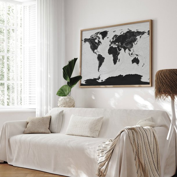 Indrammet Verdenskort- Grey Current - Egetrsramme