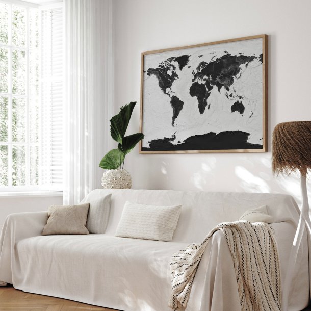 Opslagstavle Verdenskort - Grey Current - Egetrsramme