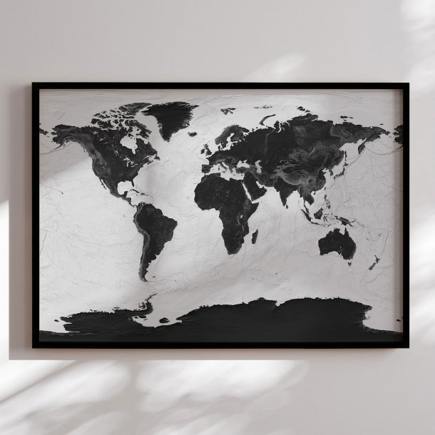 Indrammet Verdenskort - Grey Current - Sort ramme