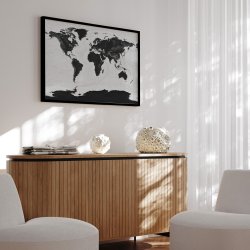 Indrammet Verdenskort - Grey Current - Sort ramme