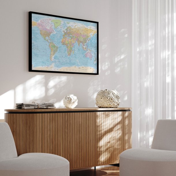 Indrammet Verdenskort - Political - Sort ramme