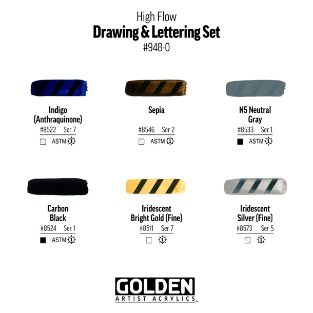 GOLDEN High Flow Maling Drawing &amp; Lettering S�t - 6x30ml.