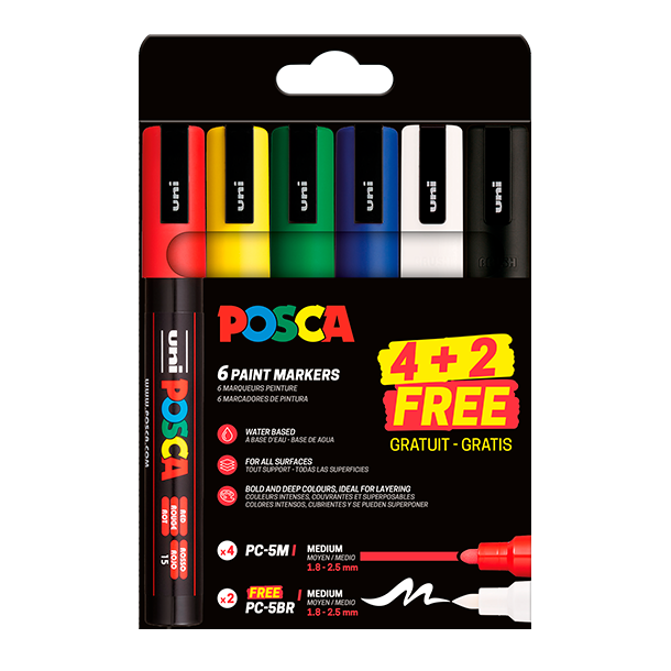 POSCA PC-5M 4-Stk. + 2-stk. GRATIS PC-5BR - 6-Pak