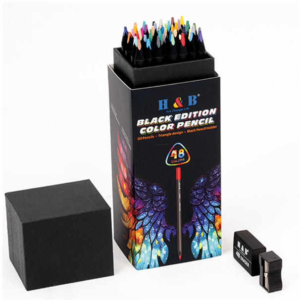 H&B Black Edition Oliebaserede Farveblyanter m. Viskelder &amp; Blyantspidser - 48-stk.