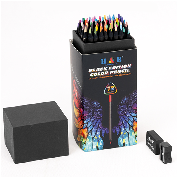 H&B Black Edition Oliebaserede Farveblyanter m. Viskelder &amp; Blyantspidser - 72-stk.