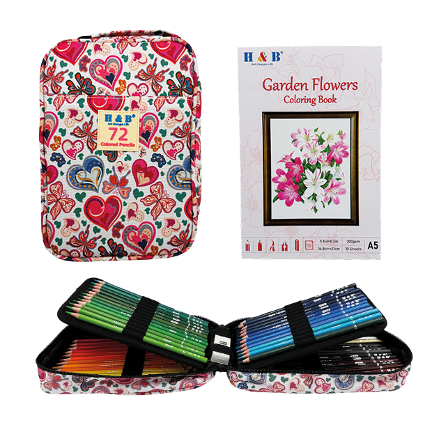 H&B "Love" Penalhus m. Farveblyanter &amp; Malebog - 72-Pak