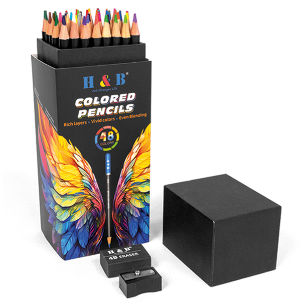 H&B Oliebaserede Farveblyanter m. Viskelder &amp; Blyantspidser - 48-stk.