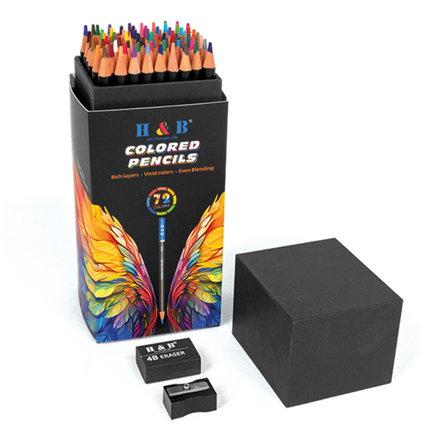 H&B Oliebaserede Farveblyanter m. Viskelder &amp; Blyantspidser - 72-stk.