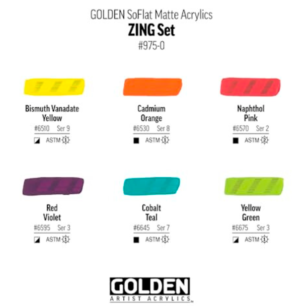 GOLDEN SoFlat Zing S�t, Mat Akrylmaling - 6x59ml.